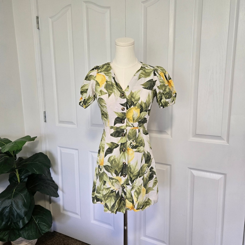 H&M Button Front Mini Dress Women XXS White Yellow Lemon Linen Blend Puff Sleeve